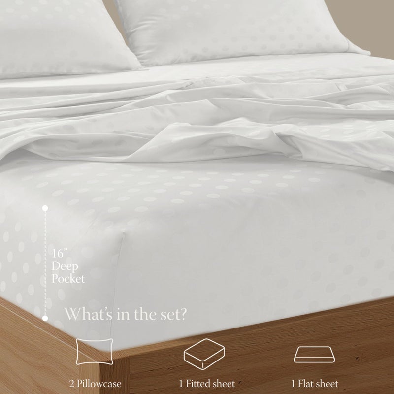 Threadmill Cotton Queen Sheet Set - 100% Cotton Damask Jacquard Sheets With 16" Deep Pocket - Soft Sateen Weave 4-Piece Cooling Bedding for Queen Size Bed - White - Image 3